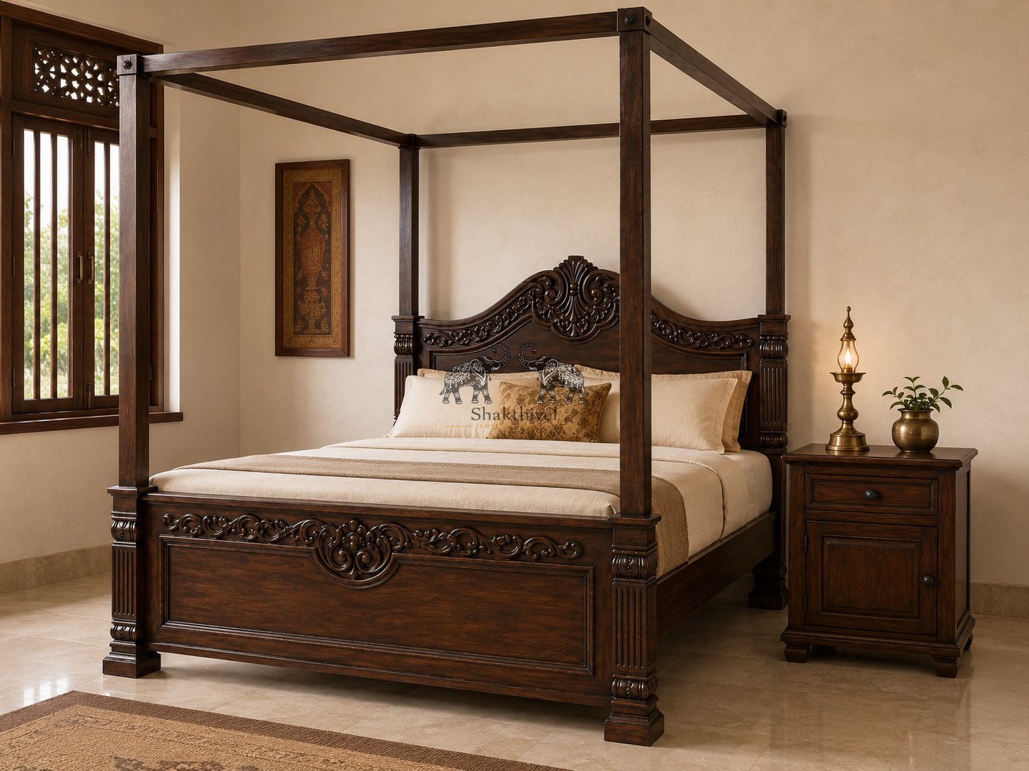 Solid Rosewood Four Pillar Bed with Matching Wooden Bedside Table
