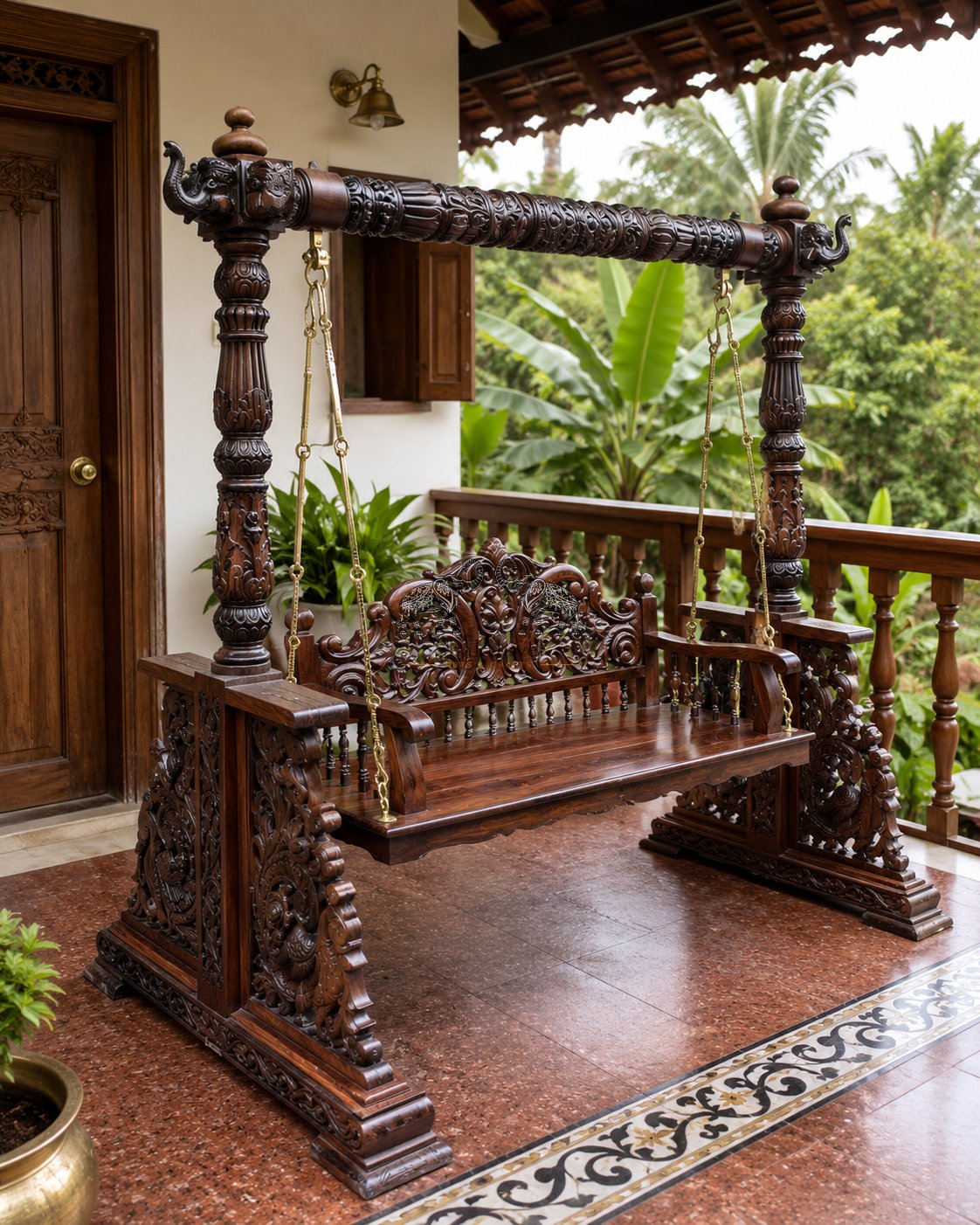Royal Rosewood Hand-Carved Jhula with Elephant Pillars