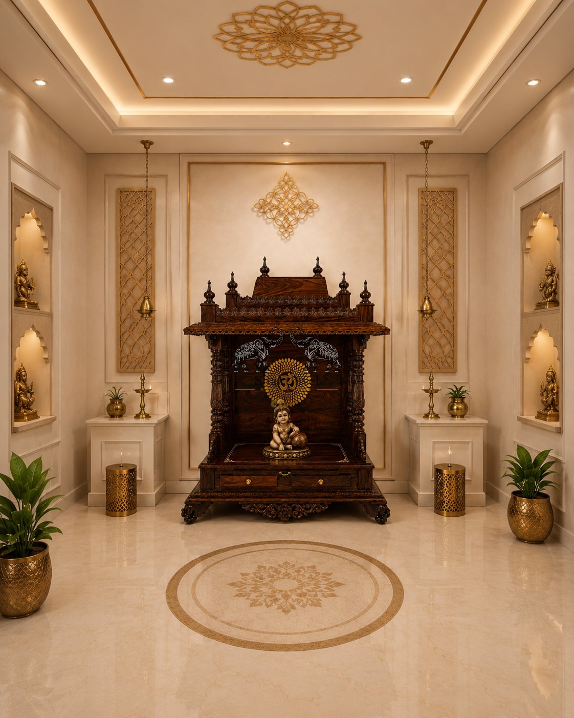 Premium Rosewood Pooja Mandap with Golden Om Back Panel