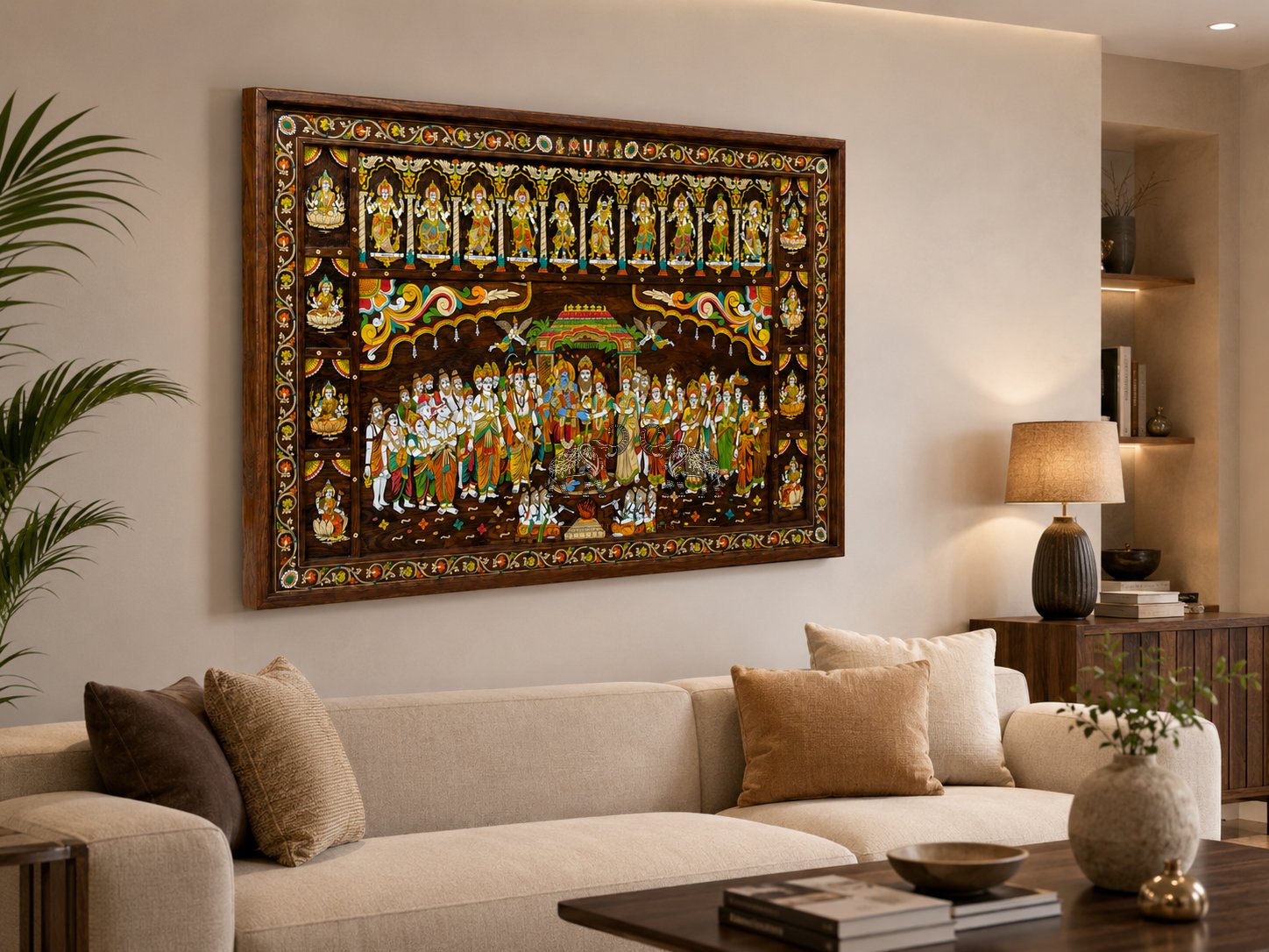 Srinivasa Kalyanam Rosewood Panel with Ashtalakshmi & Dasavtar Artwork