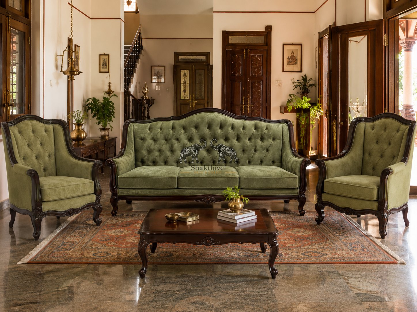 Heritage Olive Upholstered Rosewood 3+1+1 Sofa Set
