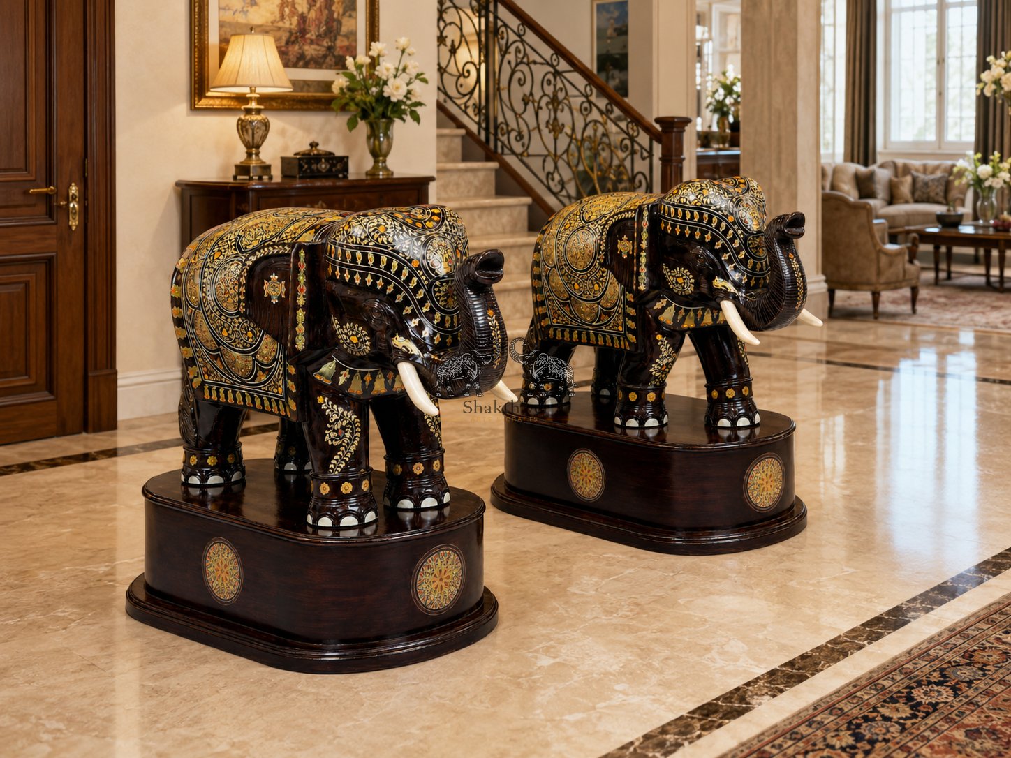 Elegant Hand-Carved Rosewood Elephant Duo on Pedestal Base