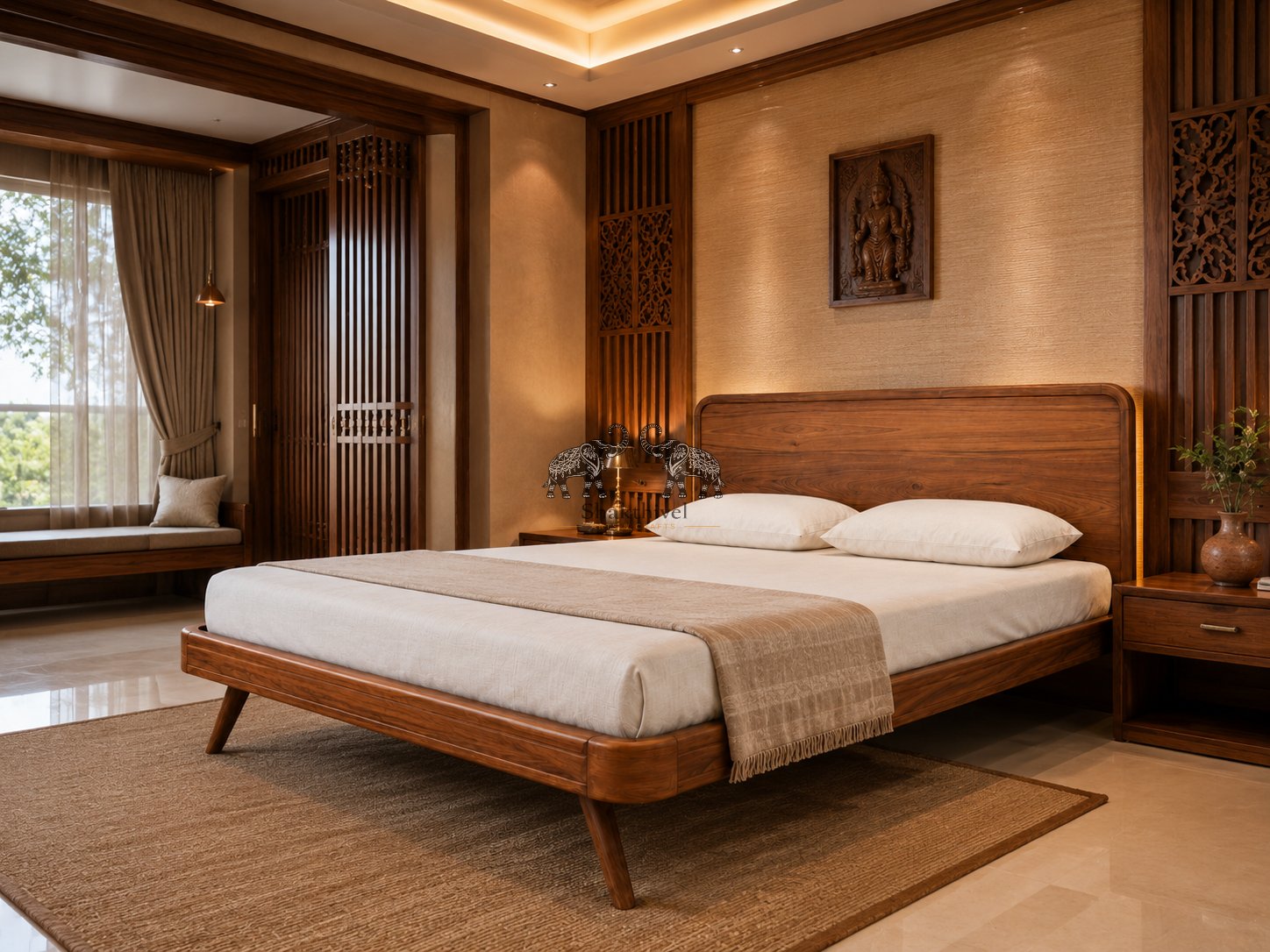 Elegant Low-Profile Teakwood Bed