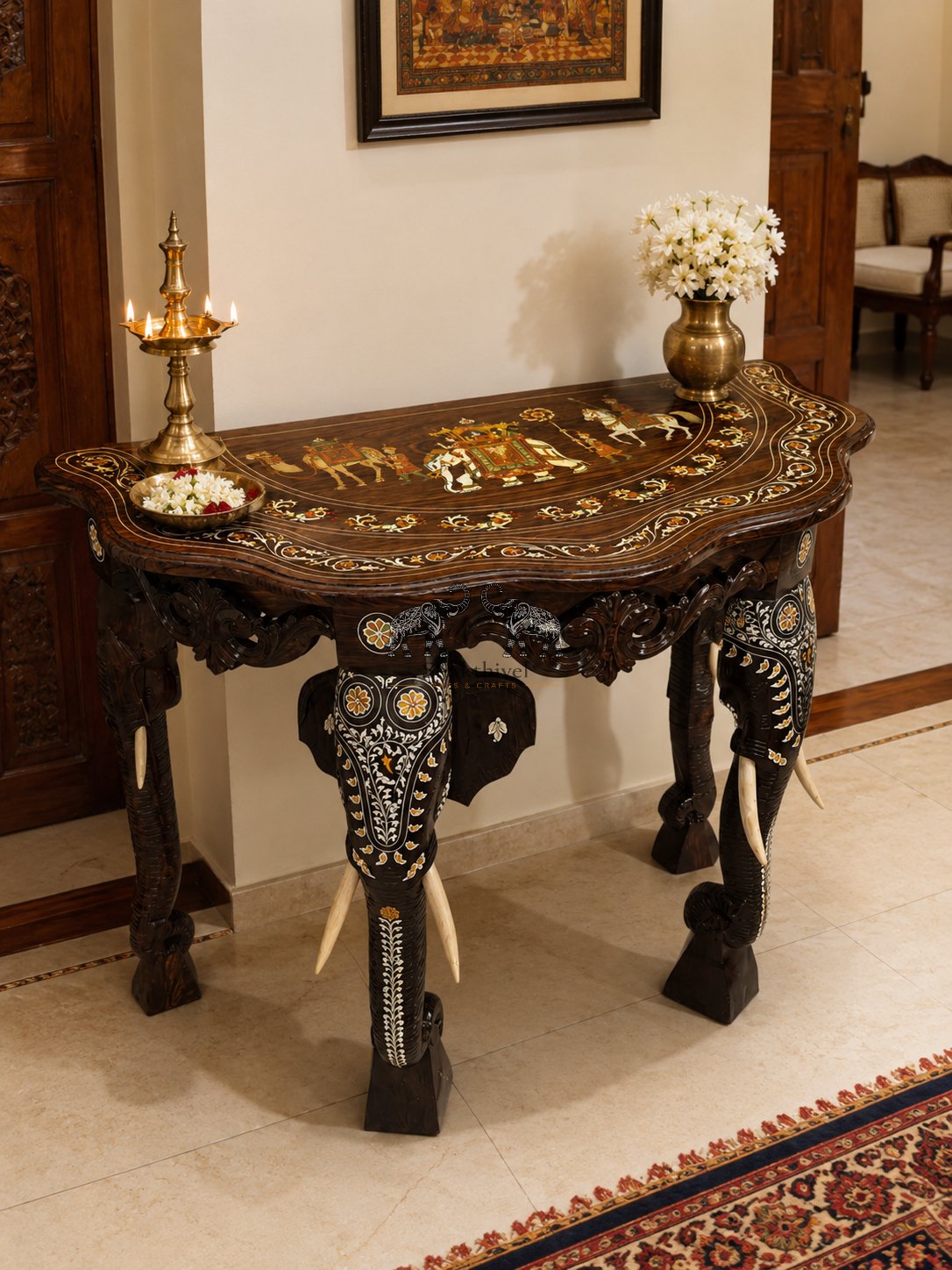 Heritage Rosewood Entryway Console with Elephant Theme Base