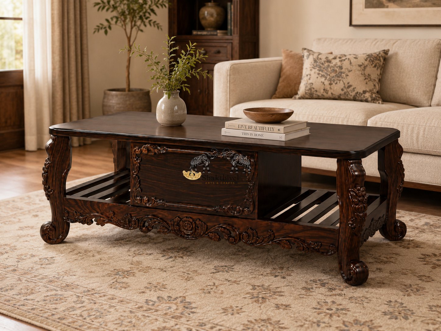 Elegant Rosewood Tea Table with Brass Handle Drawer