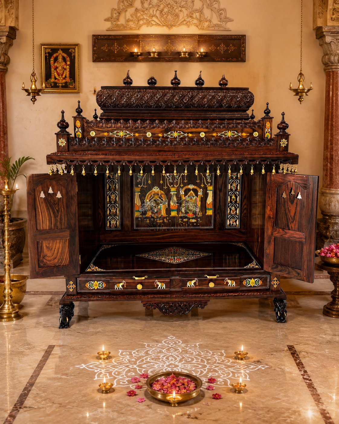 5ft Rosewood Pooja Mandap with Cabinet Base