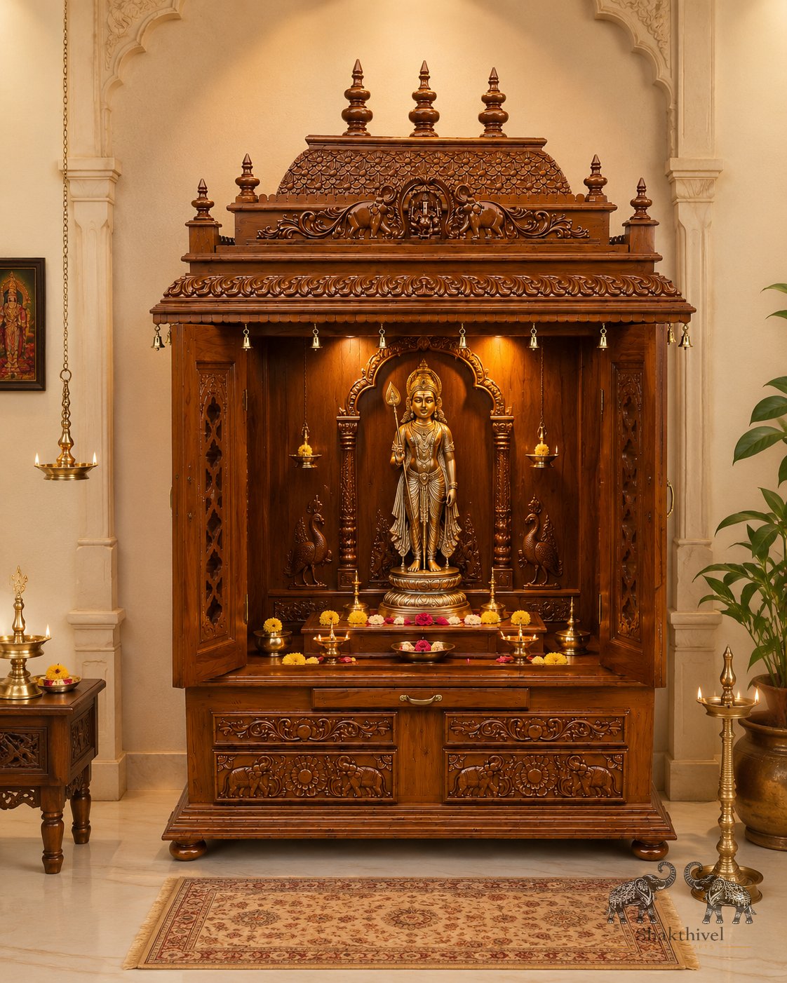 4ft Teakwood Door Mandir with Cabinet