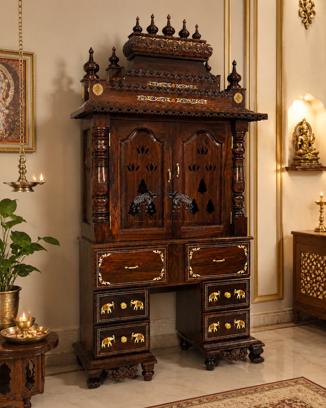 Rosewood Pooja Mantap with Floral Detailing and Multiple Drawers