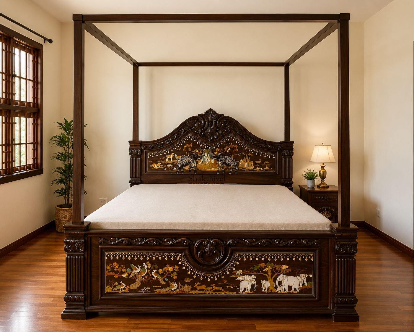 South Indian Rosewood Bed Cot with Radha Krishna Inlay Design (With or without frame)