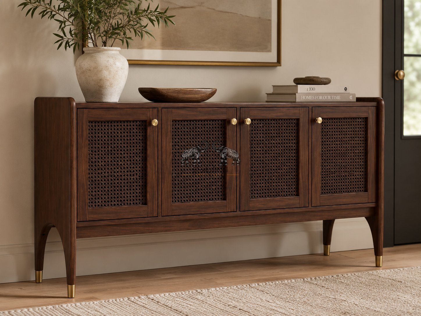 Sophisticated Cane-Weave Rosewood Foyer Unit