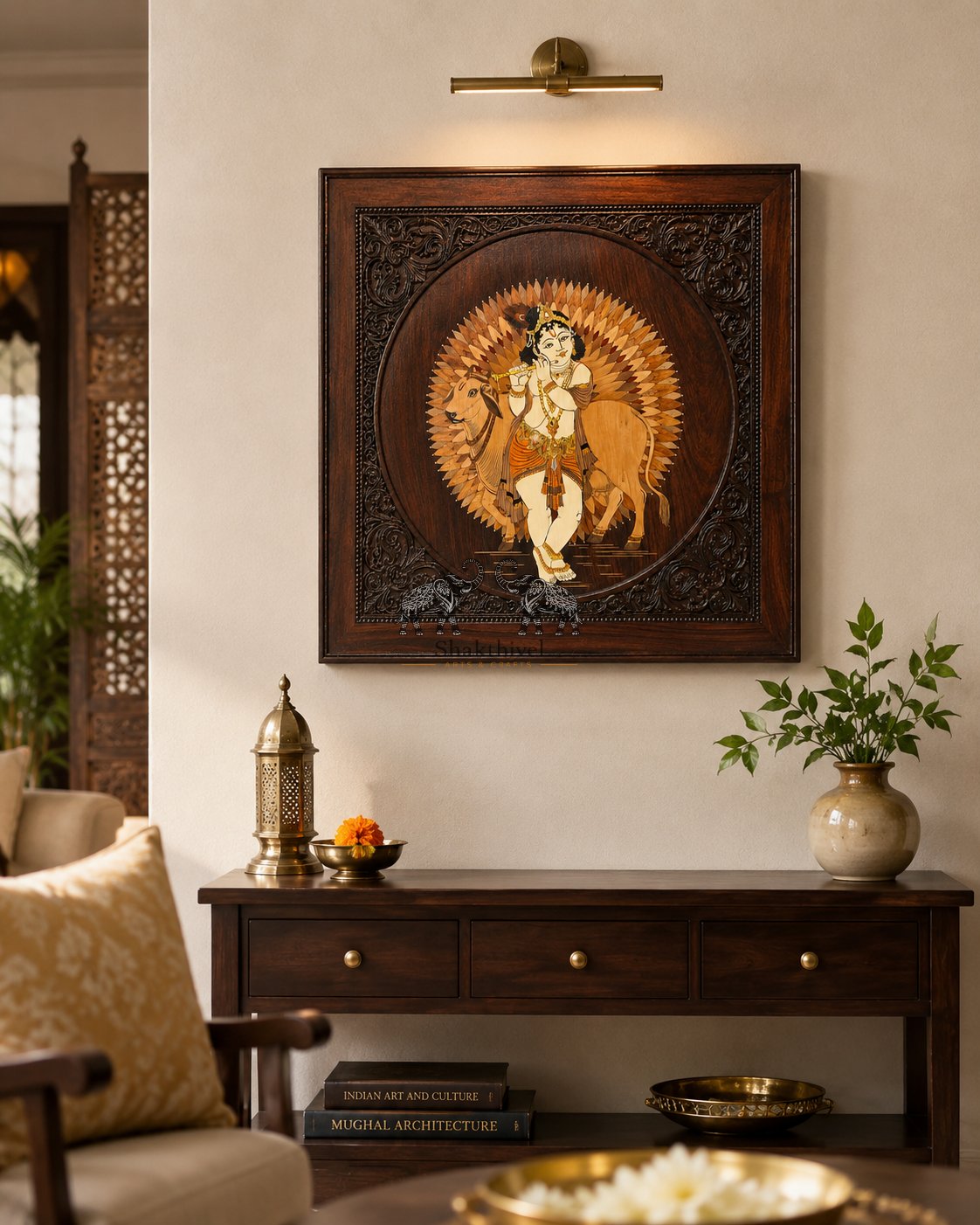 Bal Krishna Rosewood Inlay Artwork with Sacred Cow Motif