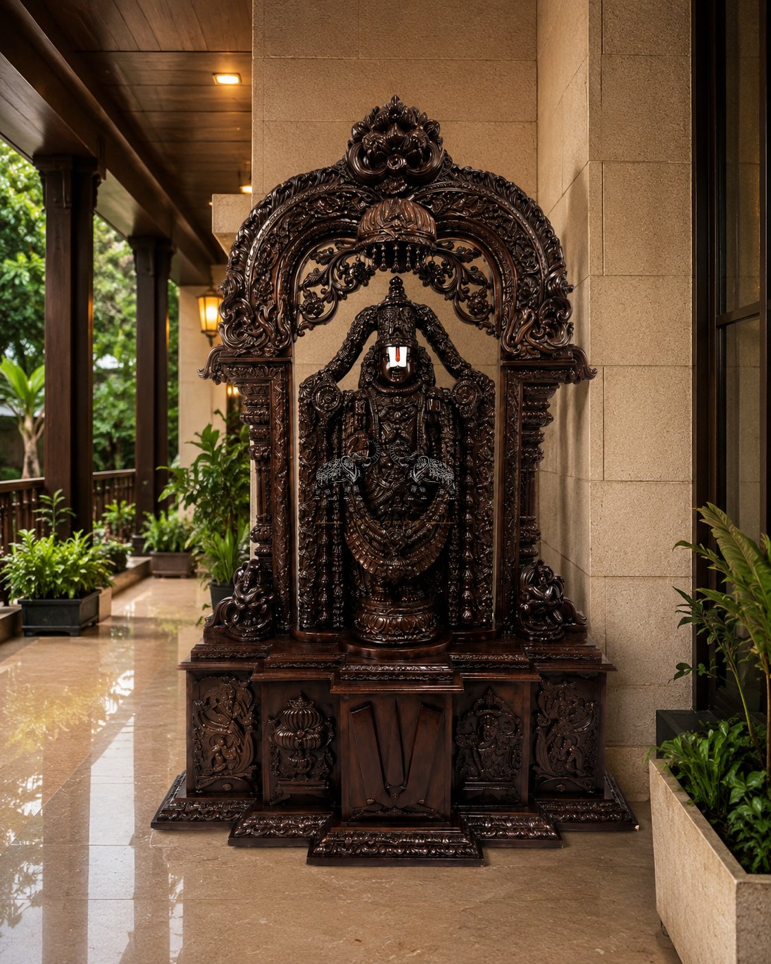 Hand-Carved Rosewood Balaji Idol with Temple Arch