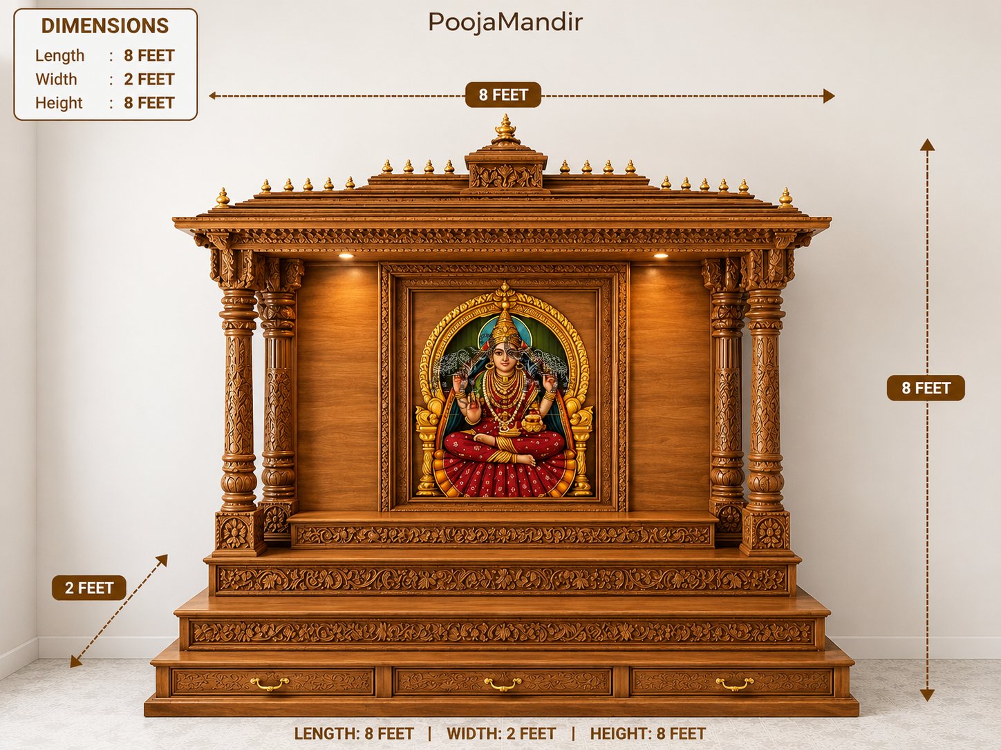 Temple-Style 8 Feet Mandir with Decorative Pillars