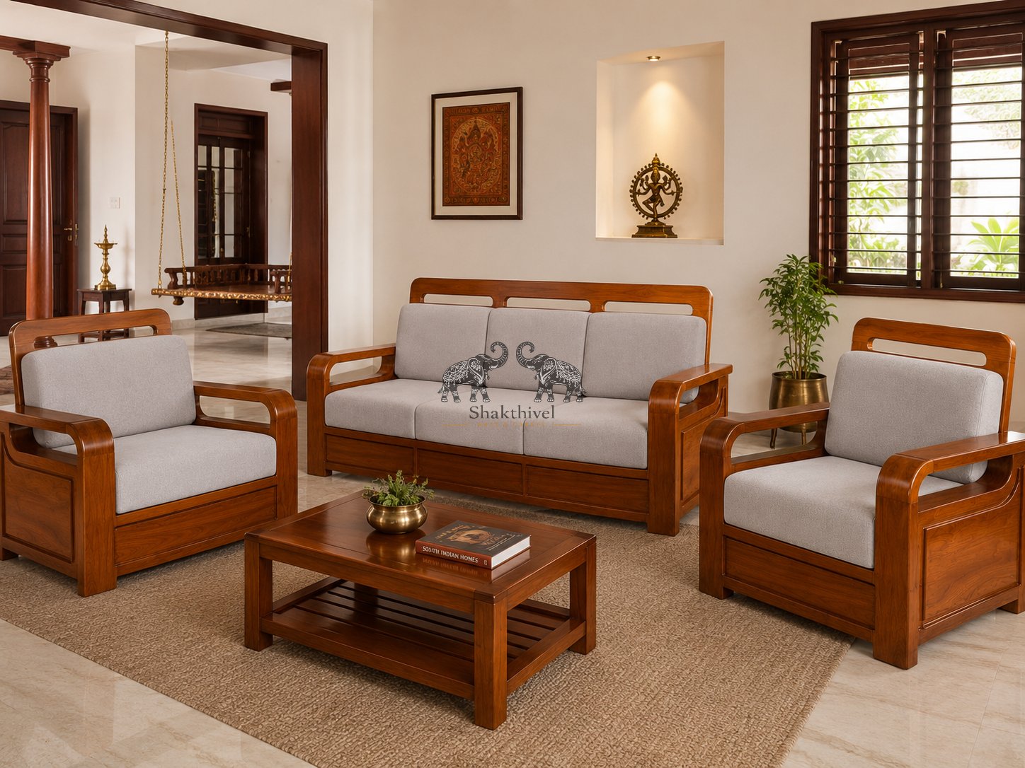 Classic Wooden Sofa Set with Soft Grey Upholstery