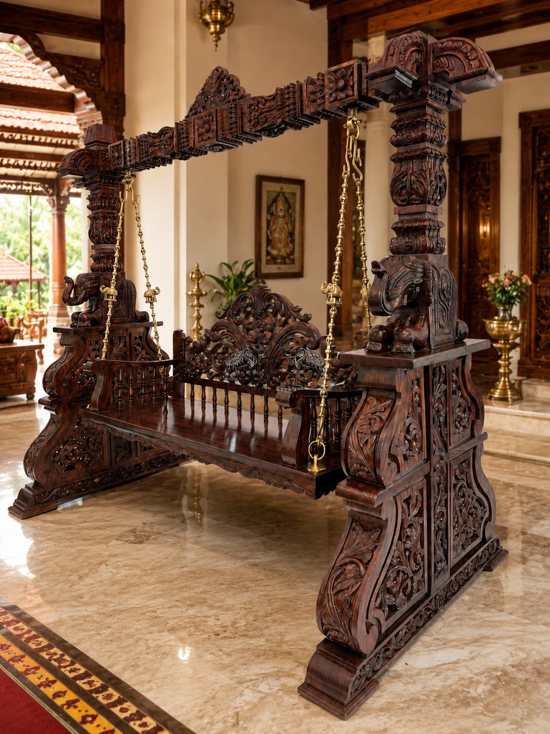 South Indian Rosewood Swing with Elephant Pillars and Brass Chain Detailing