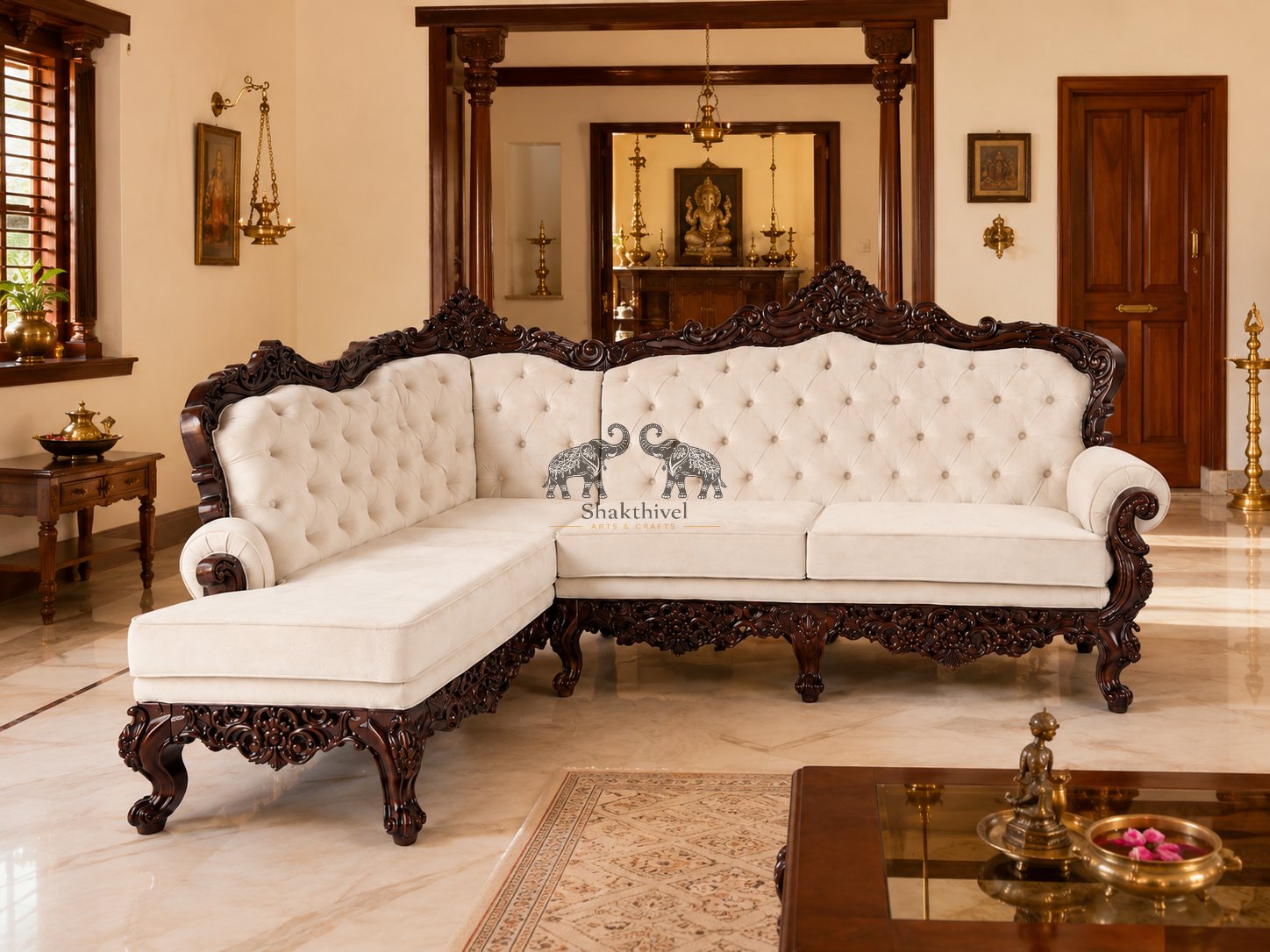 Carved Rosewood Corner Sofa in Classic Design
