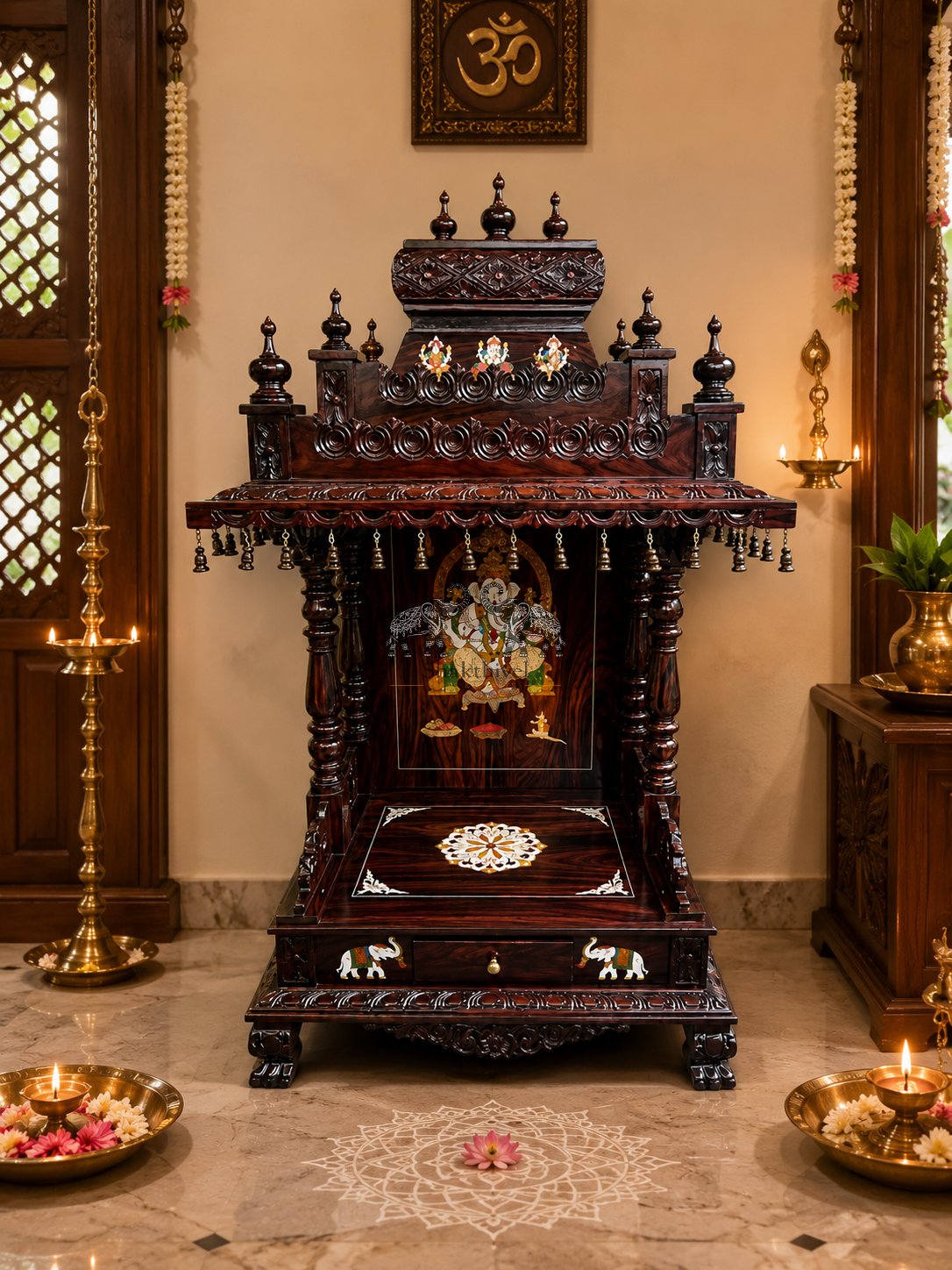 Traditional Rosewood Home mantap with Ganesh Inlay