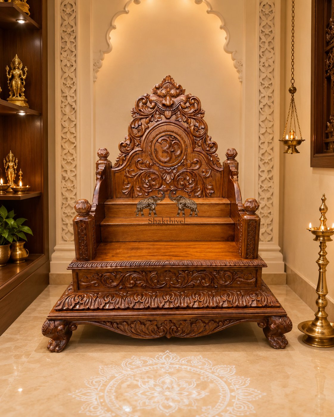 Luxury Teak Wood Pooja Seat with Carved Base