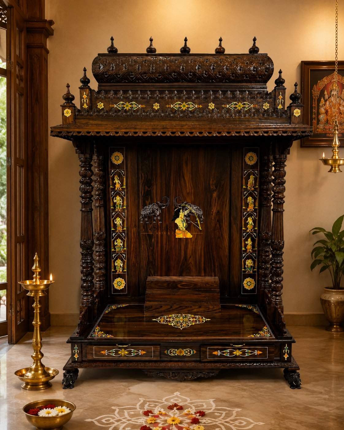 5 Feet Carved Wooden Ram Temple Unit