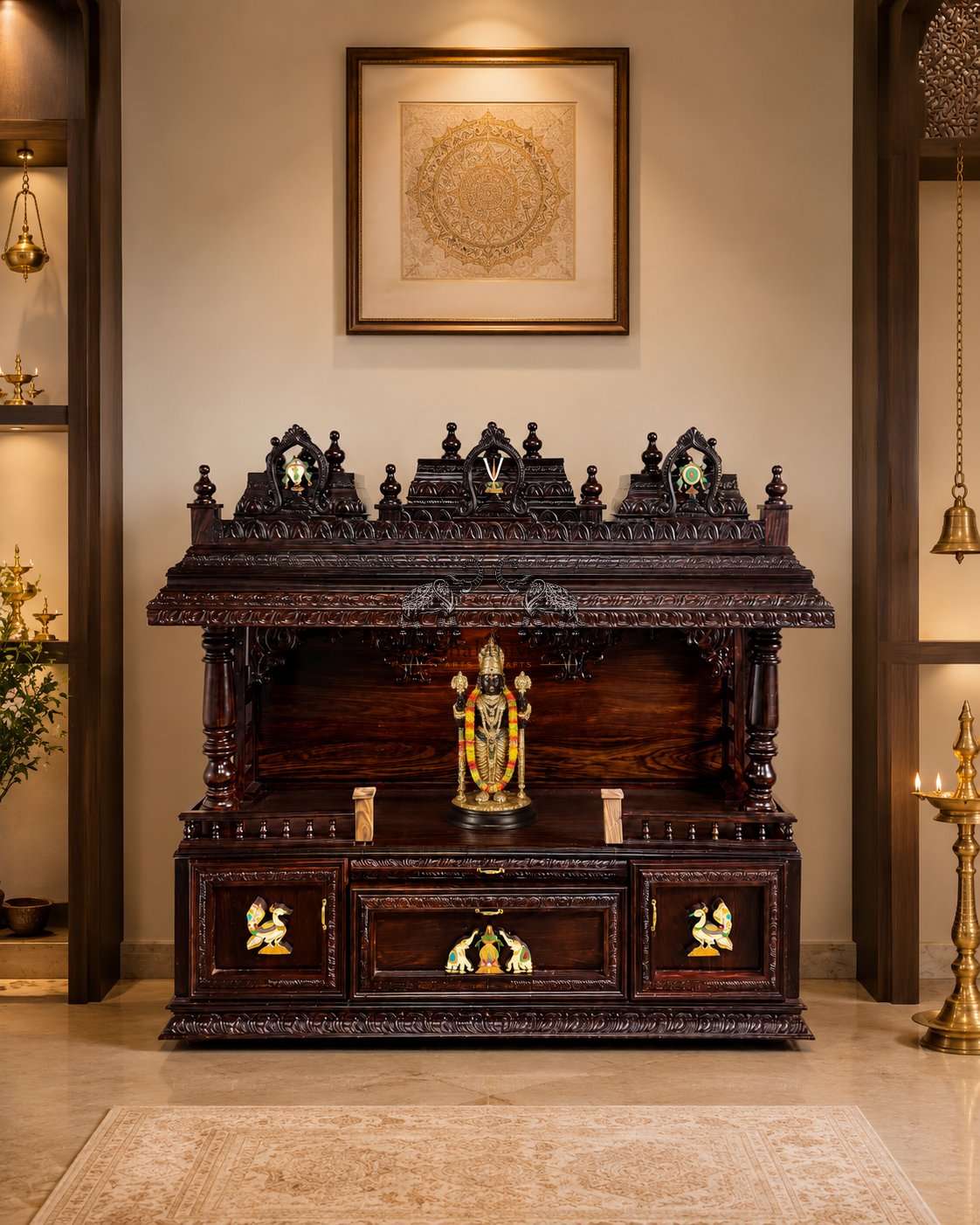 Rosewood Pooja Mandapam with Temple-Style Carved Canopy
