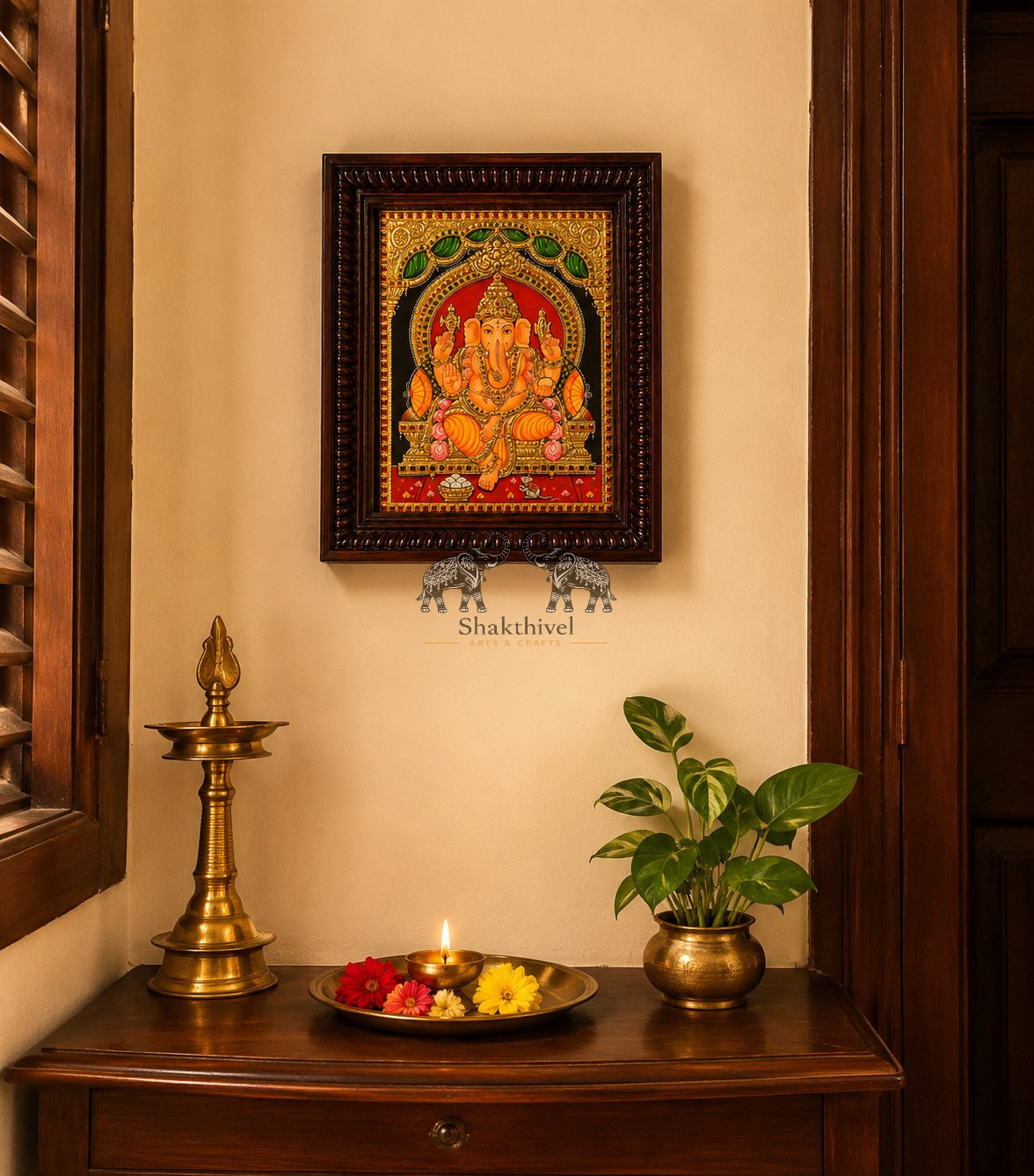 Premium Wooden-Framed Ganapati Tanjore Painting
