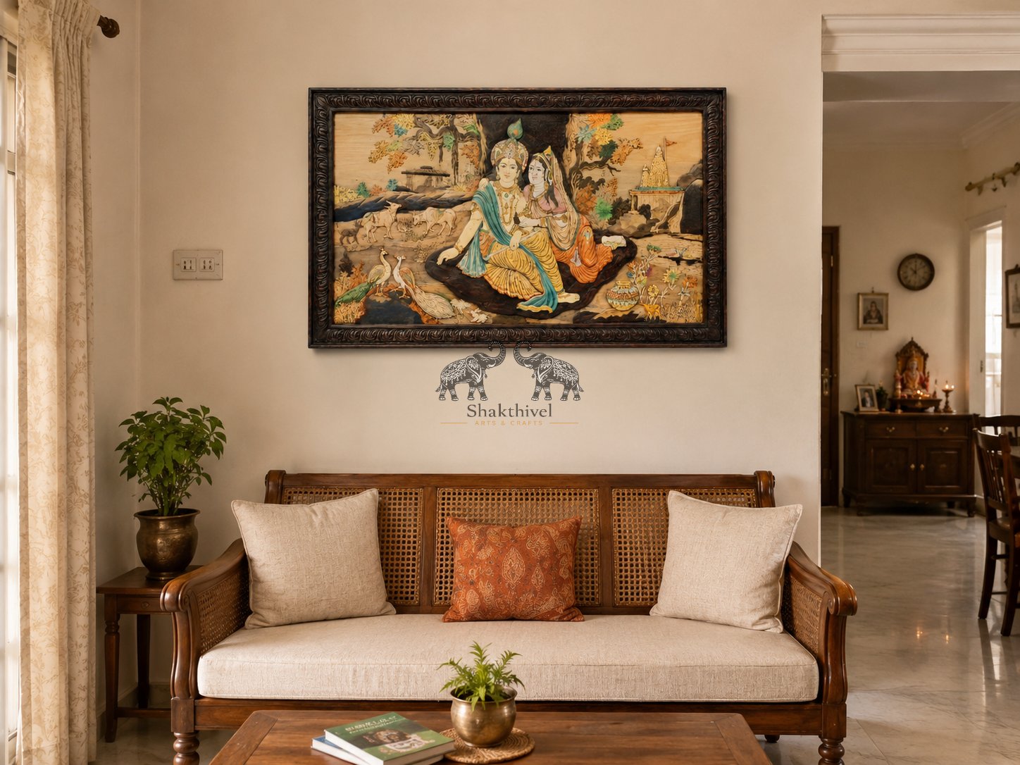 Artisan Framed Radha Krishna Village Scene Panel