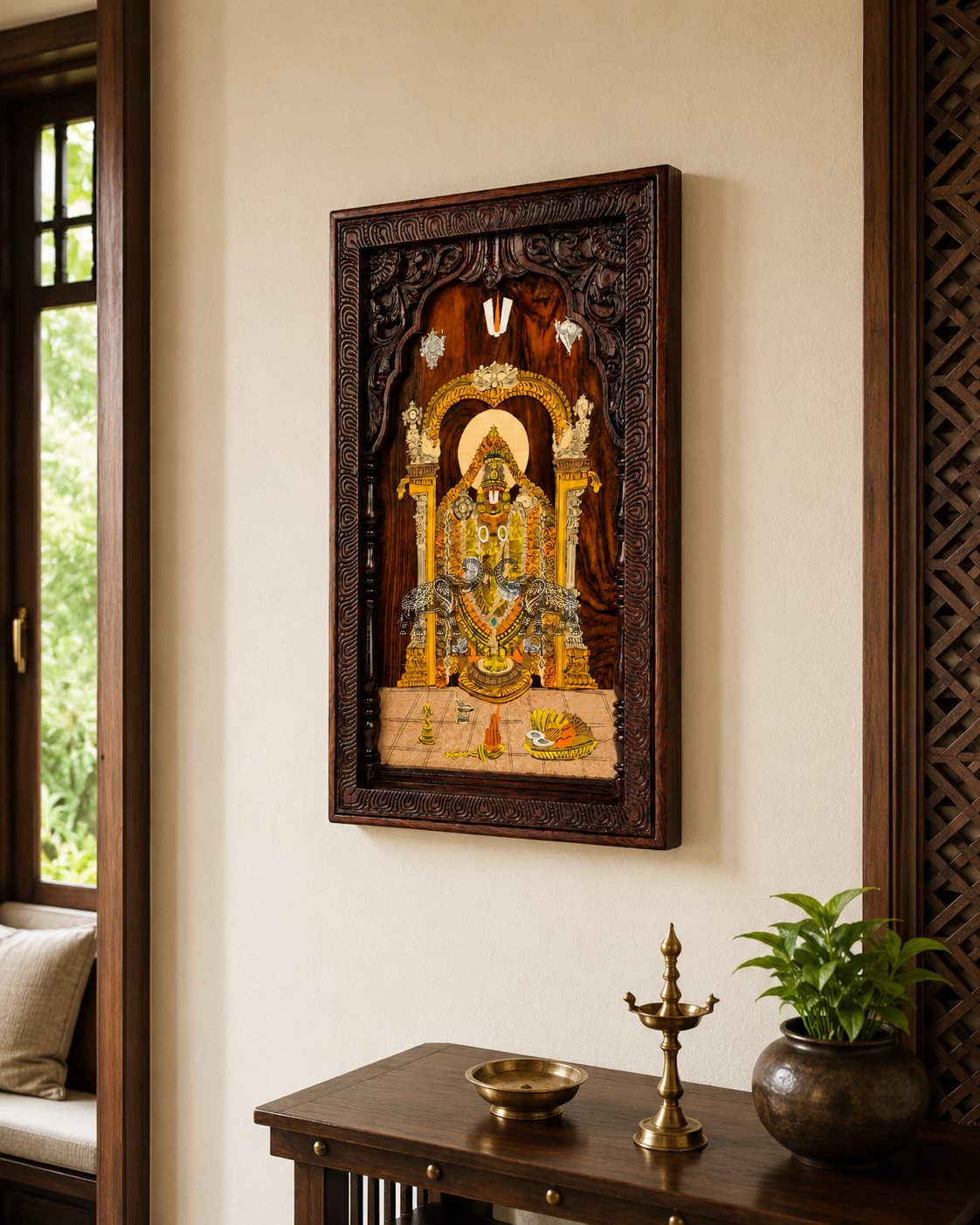 Tirupati Balaji Rosewood Inlay Wall Panel – Premium Devotional Art