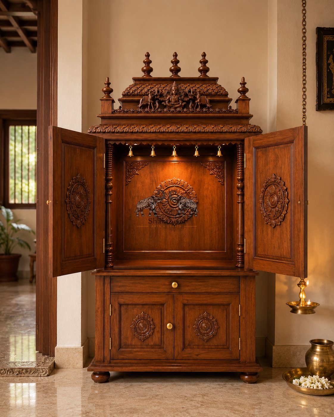 7 Feet Teak Wood Standing Mandir with Open Doors