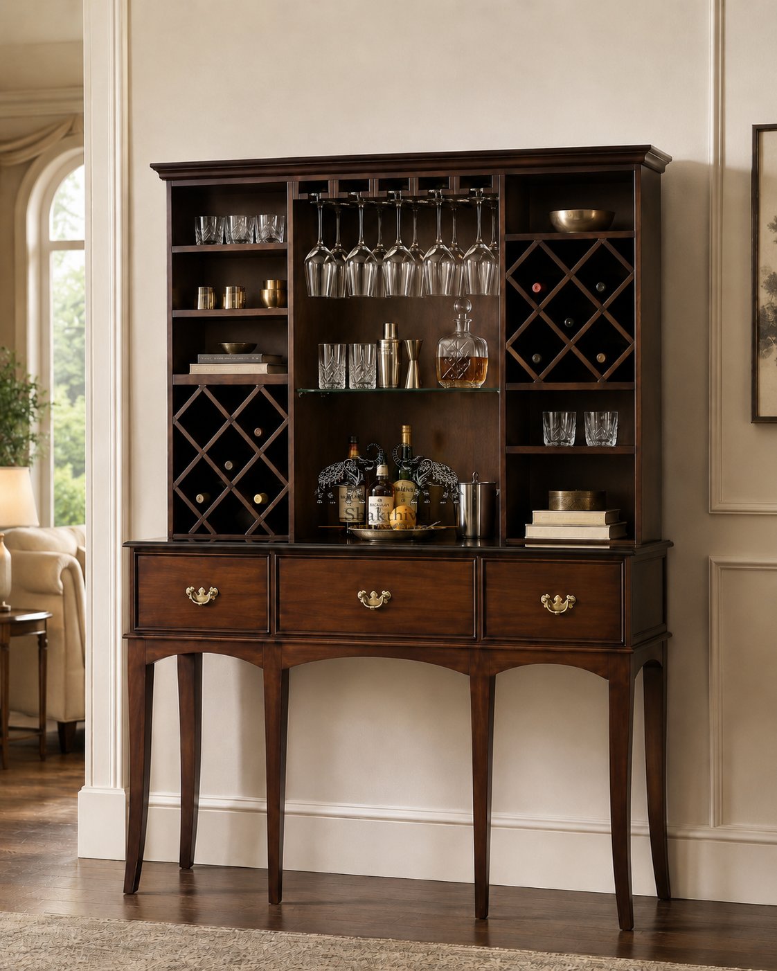 Classic Rosewood Liquor Cabinet with Brass Pulls