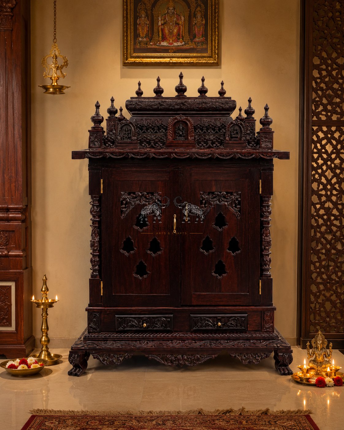 Rosewood Home Shrine with Balaji, Lakshmi & Sacred South Indian Detailing