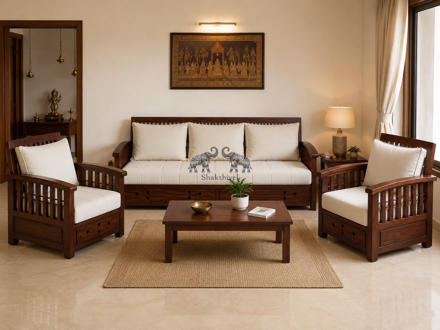 Traditional Rosewood Sofa Set with Modern Cushion Finish