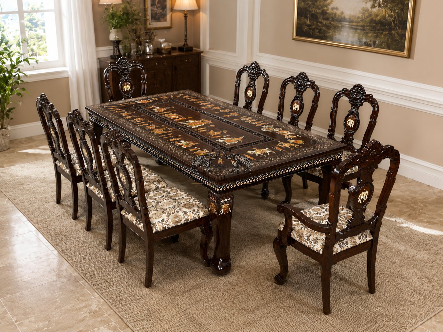 Classic Maharaja 8-Seater Dining Table Set with Carved Chair Backs