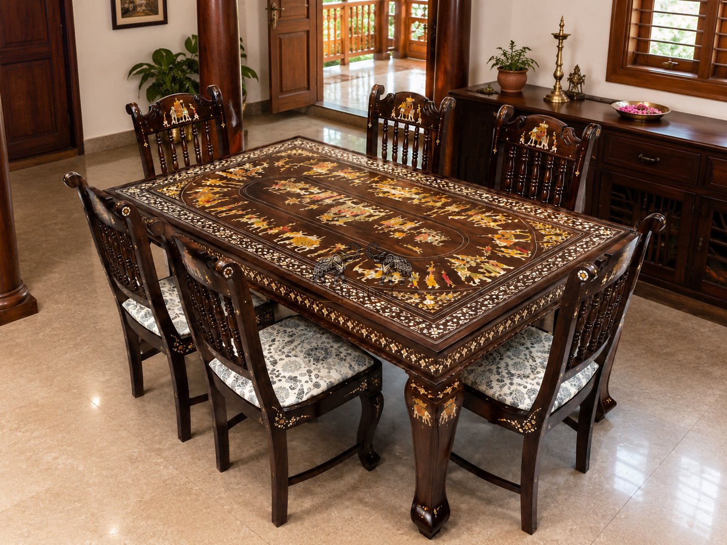 Mysore Theme Rosewood Dining Set with Dasara Theme Tabletop