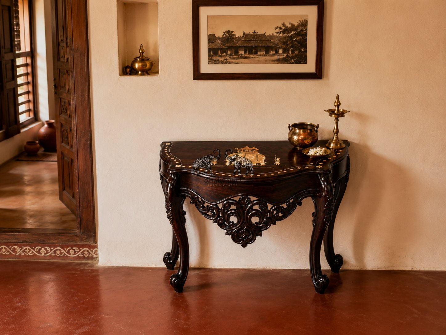 Luxury Wooden Console Table with Royal Elephant Artwork
